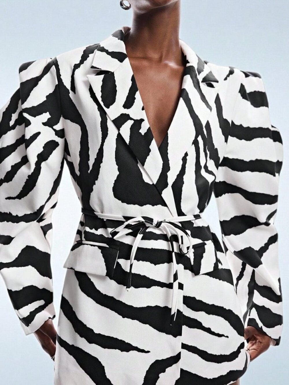 Black &White Casual Women's Zebra Print Wide Shoulder Cinched Waist Belt Blazer